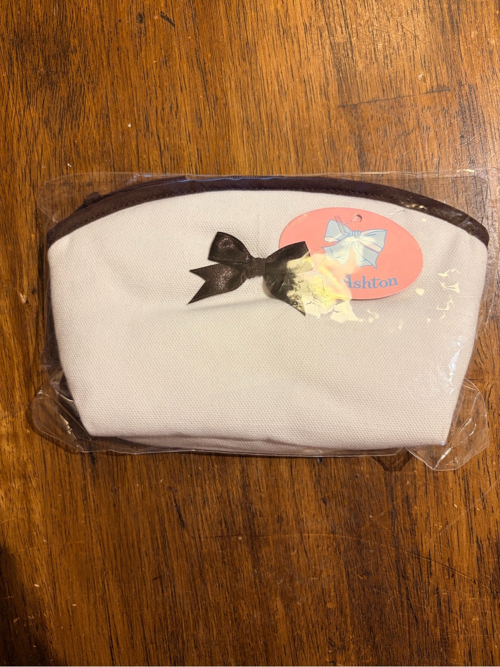 White Canvas Cosmetic Pouch with Brown Trim and Bow